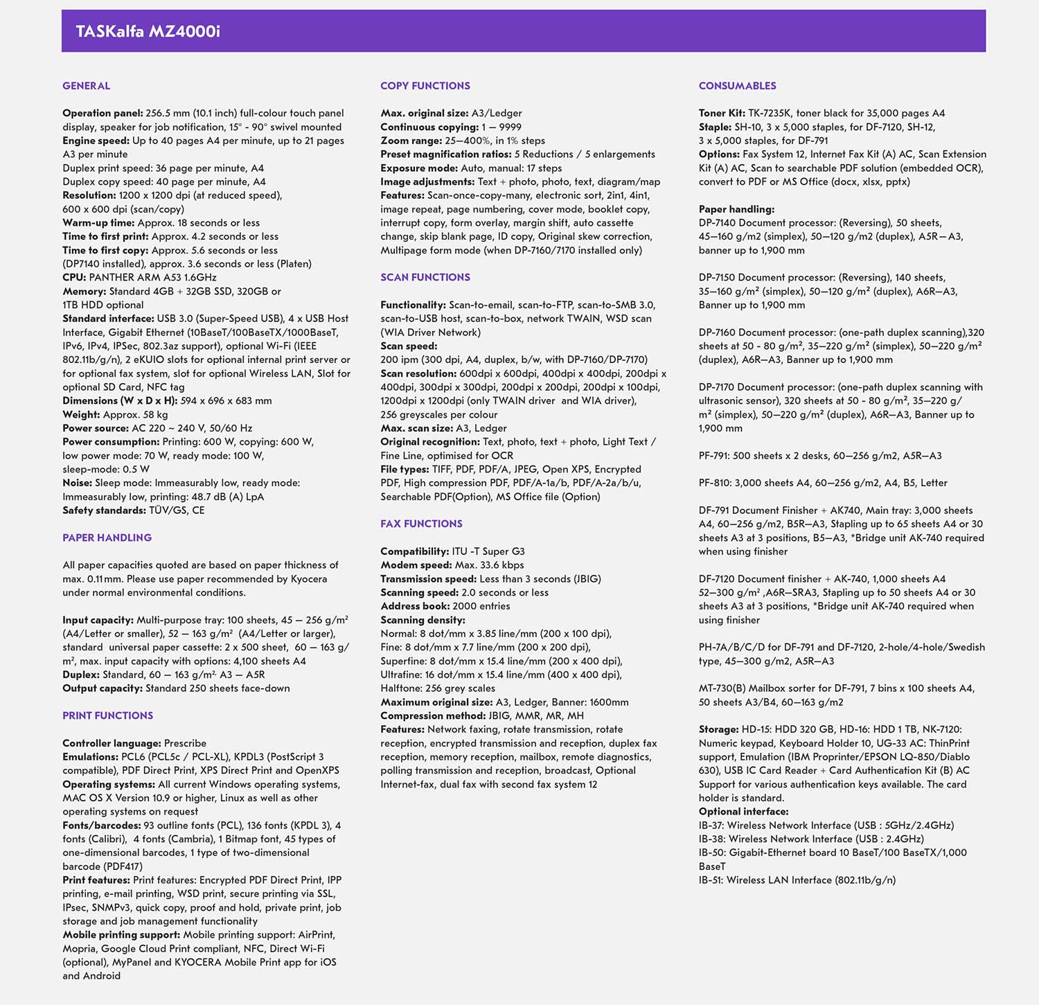 Spesifikasi Kyocera TASKalfa MZ4000i